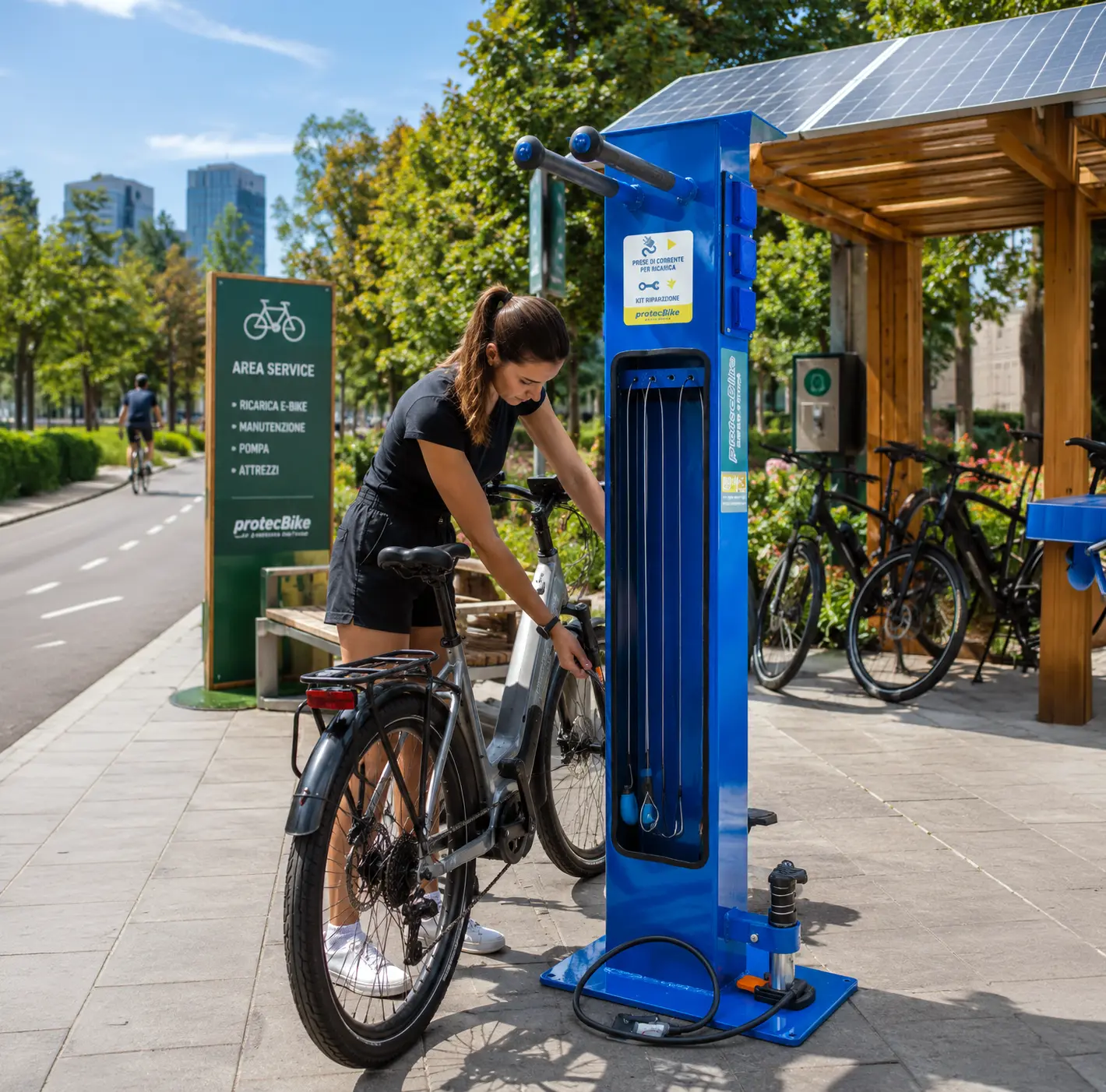 stazione di riparazione e colonnina di ricarica per tutti i tipi di bici